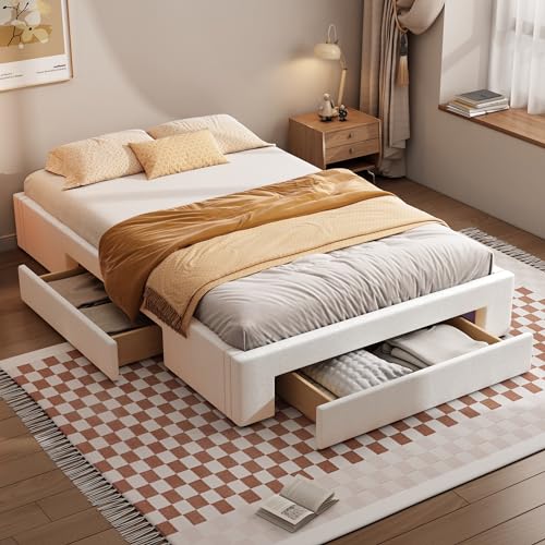 NIUAWASA Flachbett, Polsterbett mit 3 Stauraum Schubladen Lattenrost, Doppelbett ohne Kopfteil und Matratze, Stauraumbett (Beige, 140x200 cm) von NIUAWASA