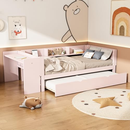 NIUAWASA Flachbett Kinderbett 90x200cm, Einzelbett mit Ausziehbarem Bett, mit Schreibtisch, DREI Regale an der Seite des Bettes, Ohne Matratze (Rosa) von NIUAWASA