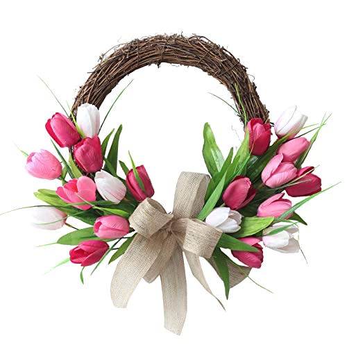 NIUXICH 40 cm Tulpen-Kranz, Türkranz, natürlicher Rattankranz mit Tulpe und Leinenschleife, künstliche Tulpengirlande für Fenster, Wand, Hochzeitsdekoration von NIUXICH