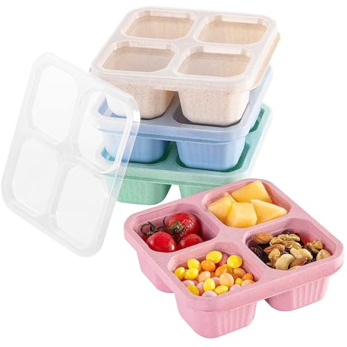 NIXRET Wiederverwendbare Snackboxen mit 4 Fächern(4 Stück) Stapelbare Frischhaltedosen mit Deckel,geteilte Bento-Lunchboxen Meal Prep Container,4Farben,Einfrieren/Mikrowellen/Spülmaschine von NIXRET