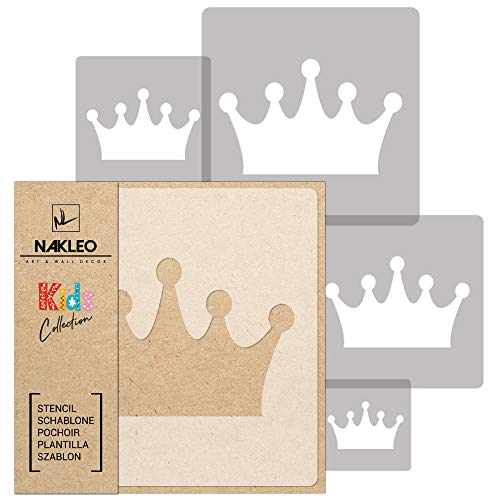 NAKLEO 5 Stück wiederverwendbare Kunststoffschablonen - Krone Prinzessin Königin - 34x34cm bis 9x9cm - Muster Kinder Kinderzimmer Malvorlage Raumdekoration - Basteln DIY Wand Möbel von Nakleo