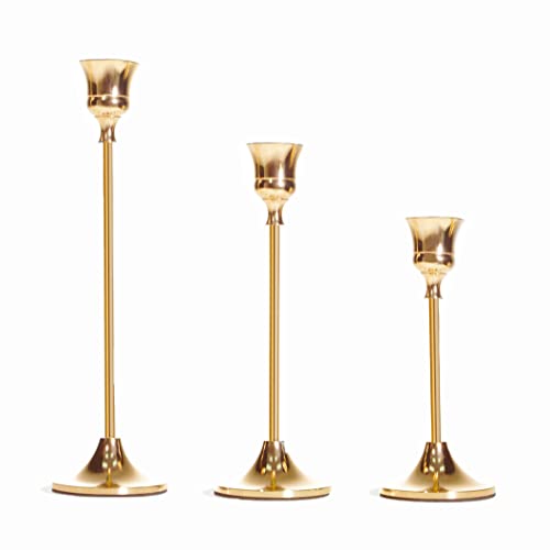 NLBTW Set mit 3 goldfarbenen Kerzenhaltern für Kegel, Vintage-Kerzenhalter sind Tisch- oder Kaminsim-Mittelstücke für Heimdekoration, Hochzeit, Abendessen, Party von NLBTW