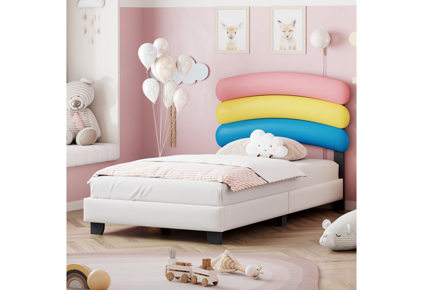 NMonet Kinderbett Polsterbett Einzelbett (aus Kunstleder), Regenbogenform Kopfteil, mit Lattenrost, 90x200cm von NMonet