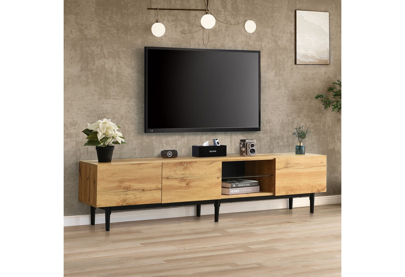 NMonet Lowboard TV-Schrank Breite 175 cm, TV-Möbel, mit LED und Fernbedienung, 3 Türen und Glasböden von NMonet