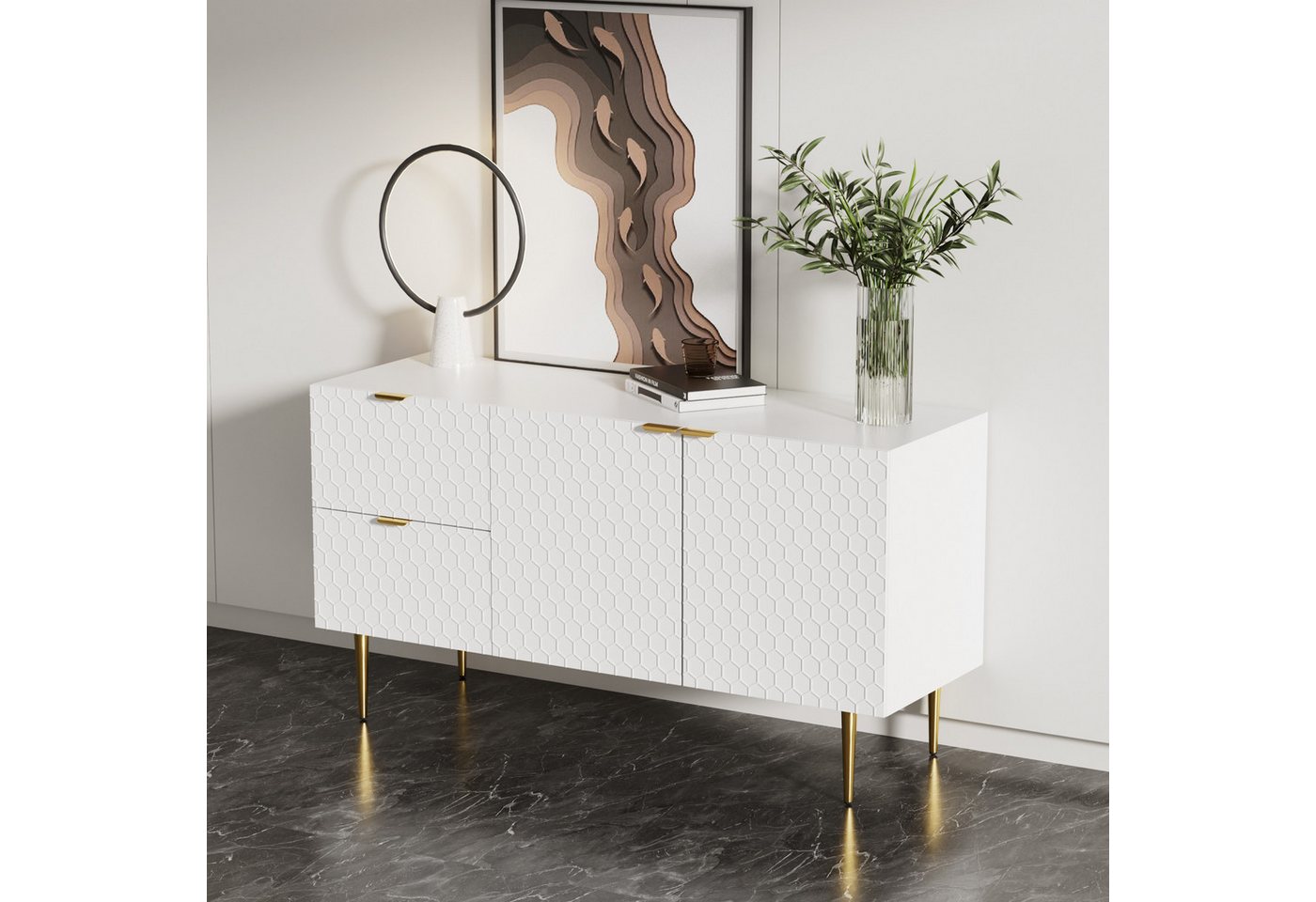 NMonet Sideboard Beistellschrank Breite 135 cm, mit 2 Türen und 2 Schubladen, goldene Griffe und Füße, Weiß von NMonet