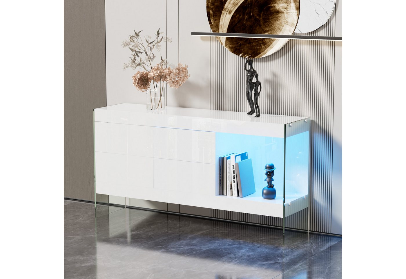 NMonet Sideboard Beistellschrank Breite 140cm, LED-Kunstschrank, mit Glasbeinen, 4 Schubladen und einem Fach von NMonet