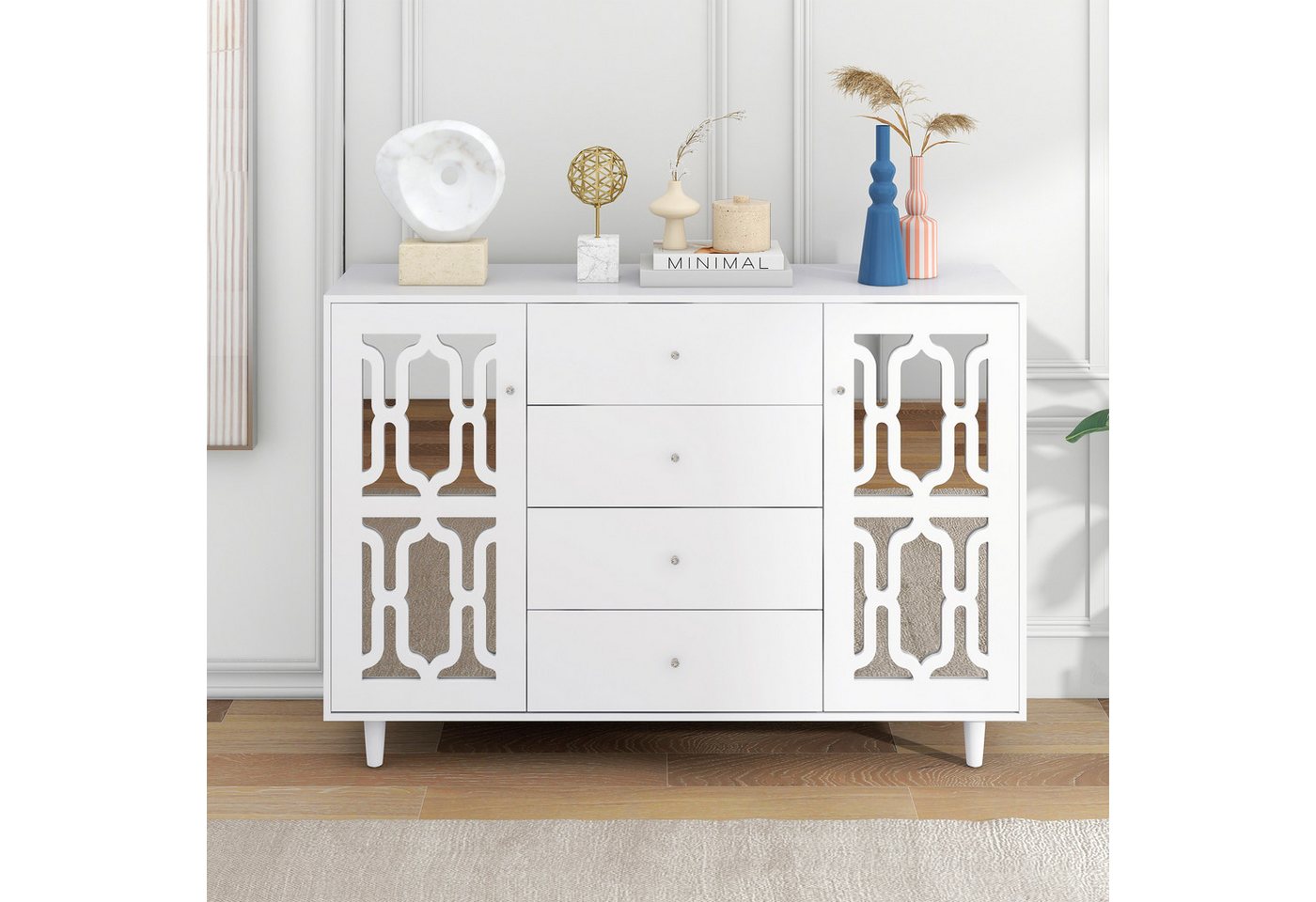 NMonet Sideboard Kommode Anrichte, mit 2 Spiegeltür, 4 Schubladen, für Wohnzimmer und Schlafzimmer von NMonet