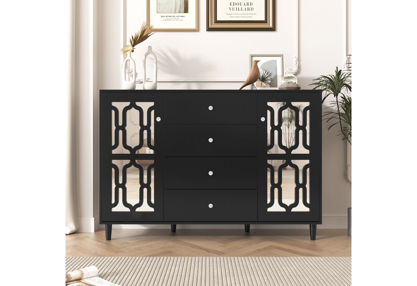 NMonet Sideboard Kommode Anrichte, mit 2 Spiegeltür, 4 Schubladen, für Wohnzimmer und Schlafzimmer von NMonet