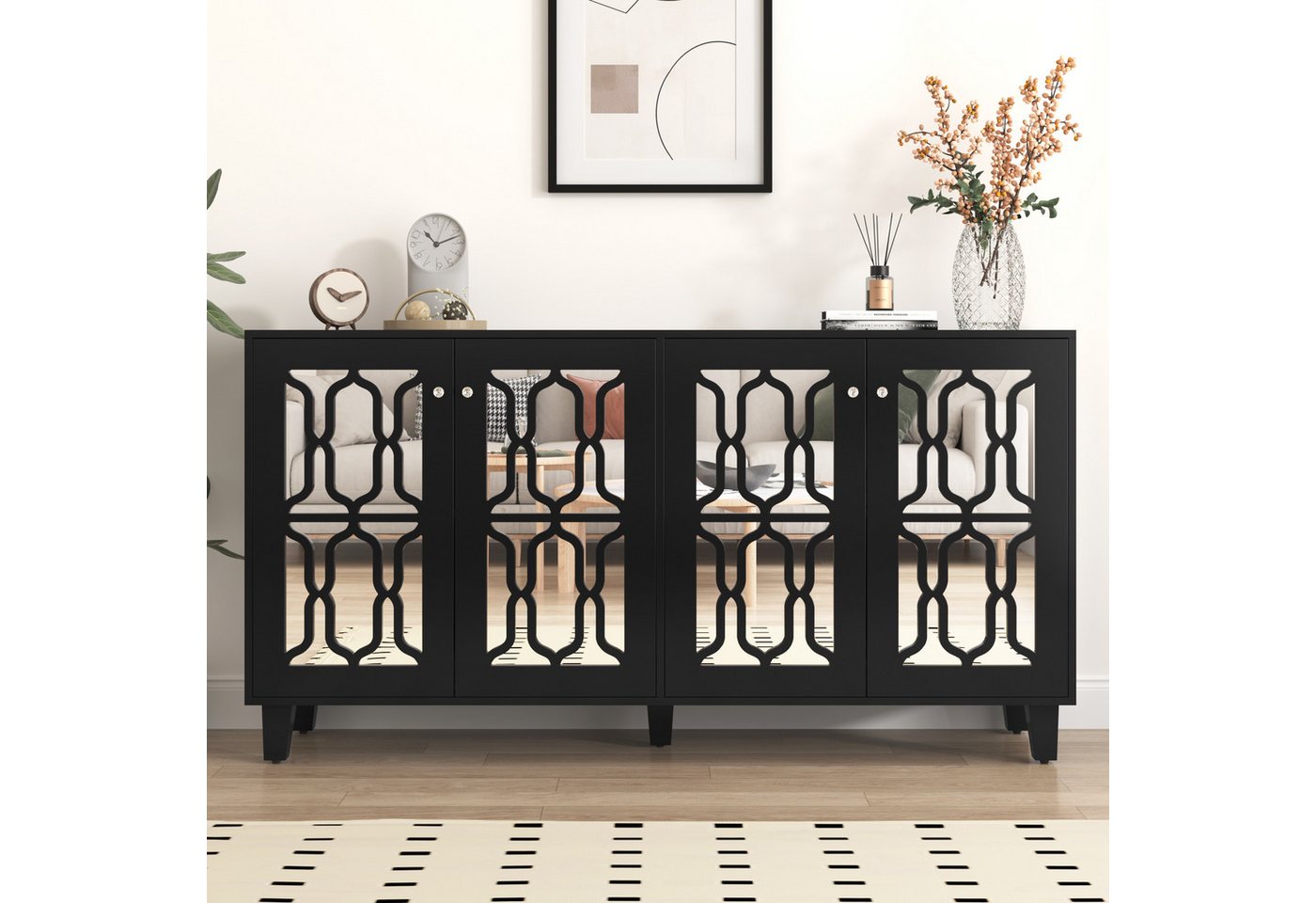 NMonet Sideboard Kommode Anrichte, mit 4 Spiegeltür, 4 Fächer, Geeignet für Wohnzimmer und Schlafzimmer von NMonet