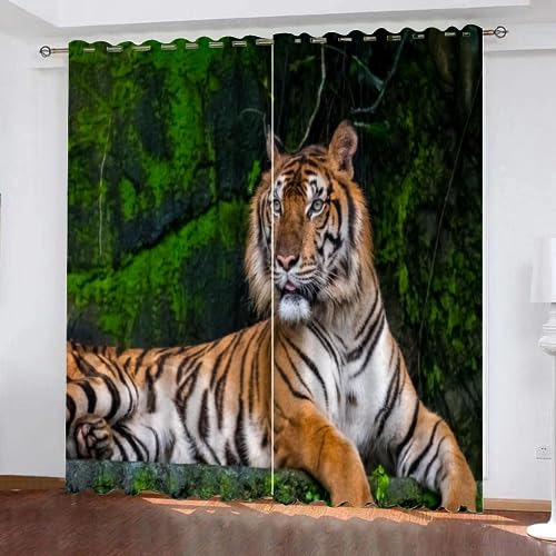 NODIII Lange VorhäNge Blickdicht Mit öSen 3D Gedruckt Tiger Wald Muster Dekorative Gardinen Abdunkelnd Thermo VorhäNge KäLteschutz Schlafzimmer Wohnzimmer Modern2x110X215cm(B XH) von NODIII