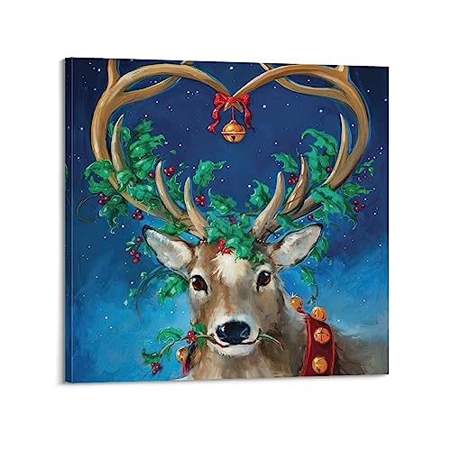 NOHF Weihnachtsposter mit Rentier-Motiv, Wandkunstdruck, Retro-Stil, ästhetische Raumdekoration, 30 x 30 cm, Rahmen-Stil von NOHF