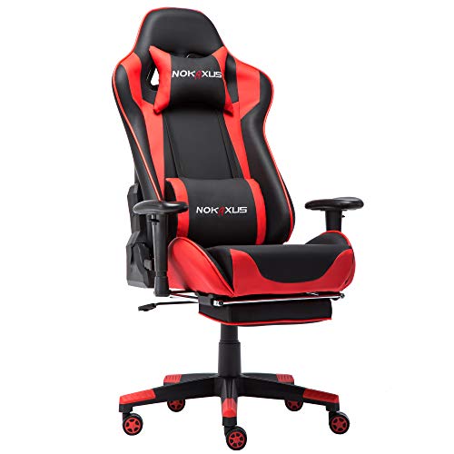 NOKAXUS Bürostuhl,Gaming Stuhl mit Fußstütze Lendenwirbelstütze für Erwachsene,PU Leder ergonomischer Massagestuhl für Zuhause,Computer Video Gamer Stuhl(Yk-6008-red) von NOKAXUS