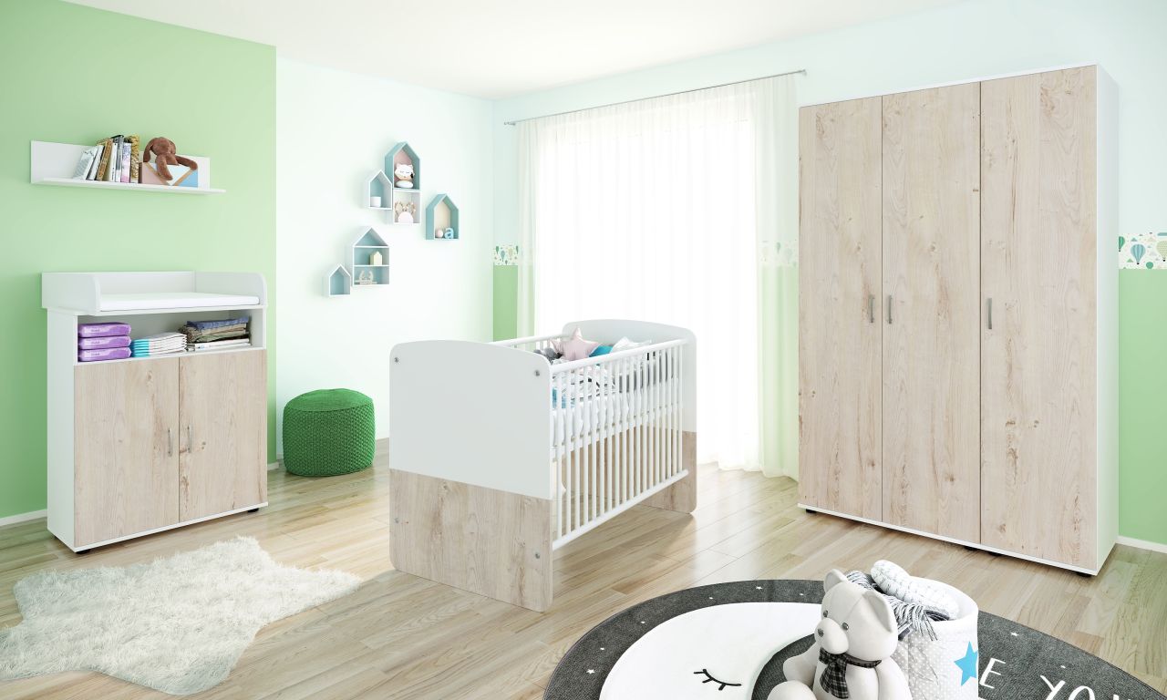 Babyzimmer Set Babybett Wickelkommode Wandregal Kleiderschrank Kinderzimmerset von NONJOO