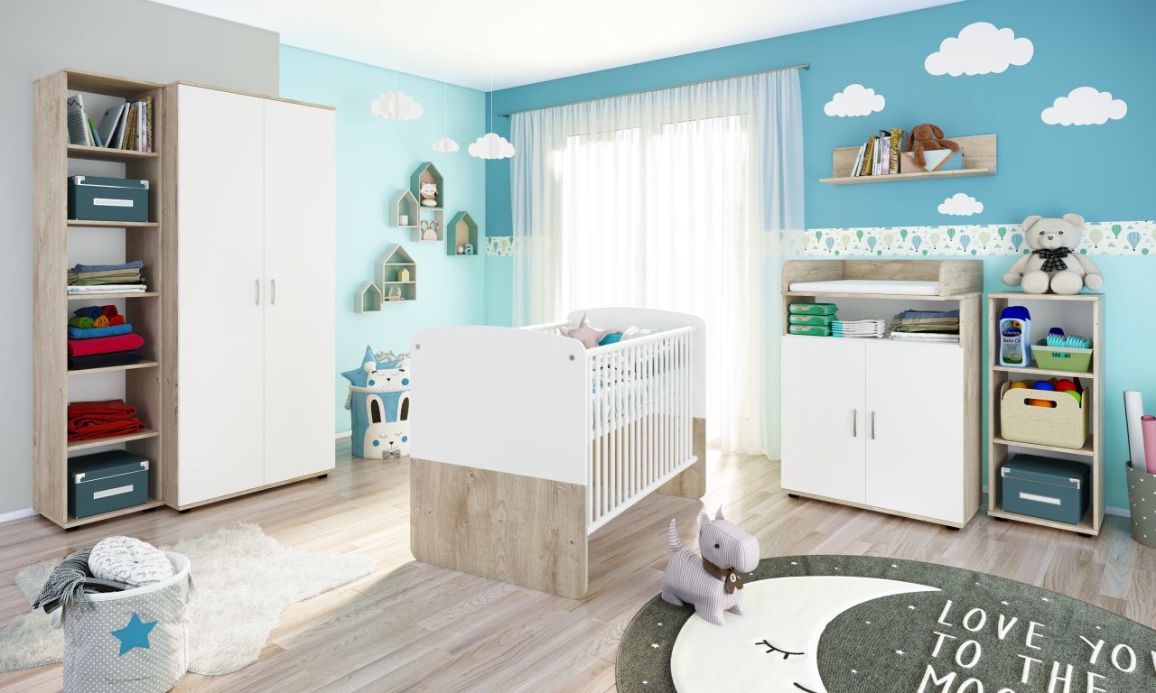 Babyzimmer Set Babybett Wickelkommode Wandregal Kleiderschrank Kinderzimmerset von NONJOO