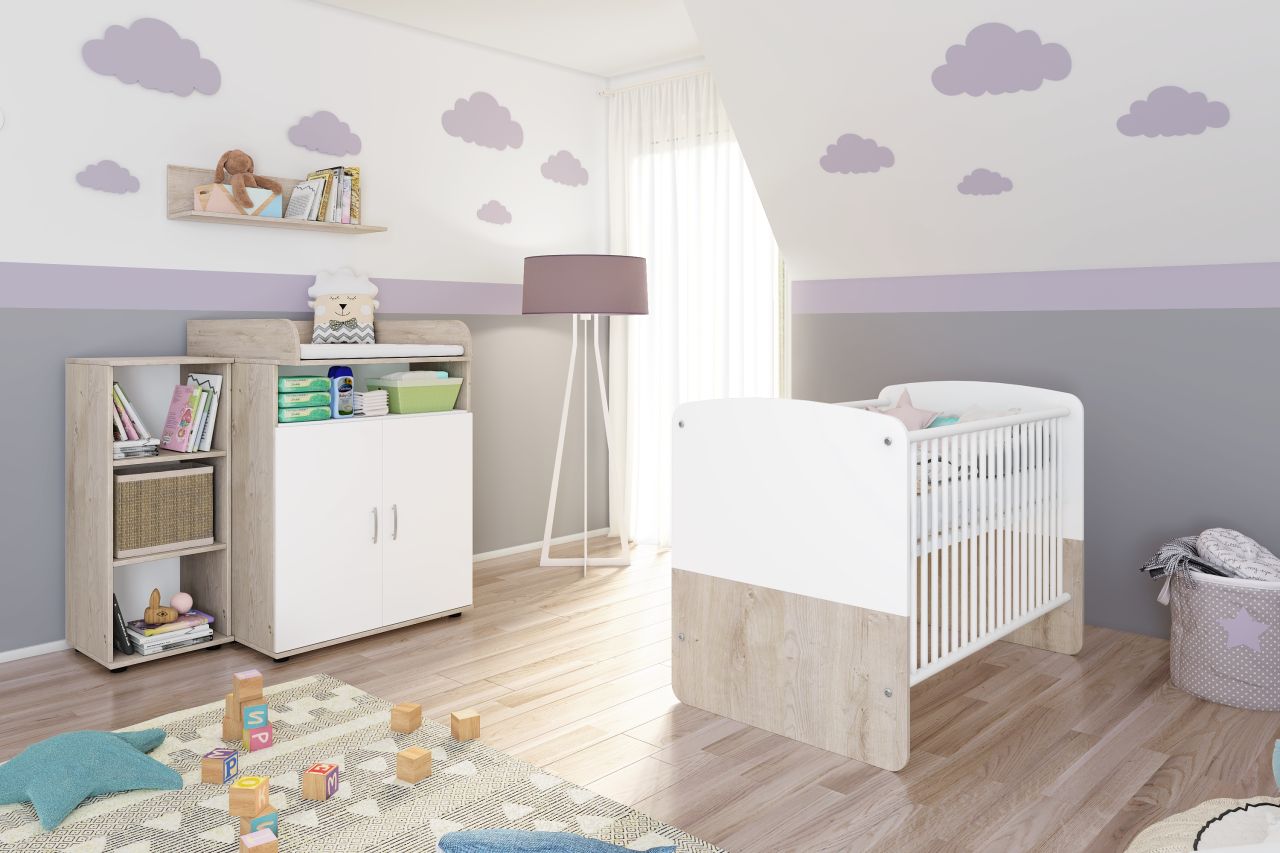 Babyzimmer Set Babybett Wickelkommode Wandregal Regal Kinderzimmerset Gitterbett von NONJOO