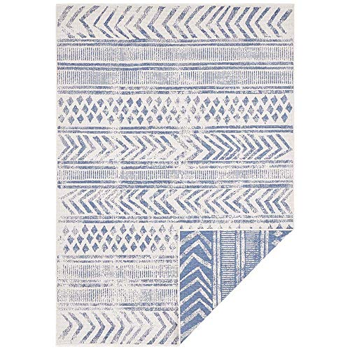 NORTHRUGS In- und Outdoor Teppich Biri 80x250cm - Wendeteppich Wetterfest Boho Style Vintage Design Läufer für Balkon Terrasse Garten Wintergarten Wohnzimmerteppich Wasserfest in Blau Creme von NORTHRUGS