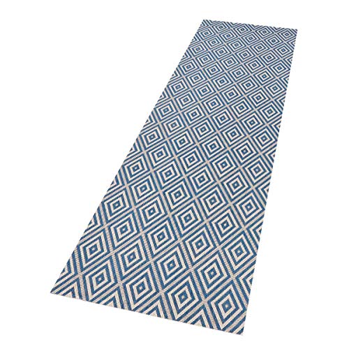 NORTHRUGS In- und Outdoor Teppich Karo 80x200cm - Wetterfest Modern Geometrisches Muster Kariert Allover Design Läufer für Balkon Terrasse Garten Wintergarten Wohnzimmerteppich Wasserfest in Blau von NORTHRUGS