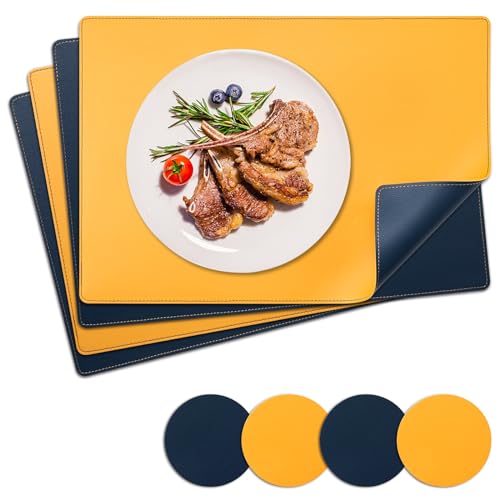 NOSTHEART Tischsets Abwaschbar 4er Set, Platzsets Abwischbar Tischsets Leder Hitzebeständig rutschfest Platzdeckchen mit Untersetzer Rund, Doppelseitigen Mit Randnähten, Blau Gelb von NOSTHEART