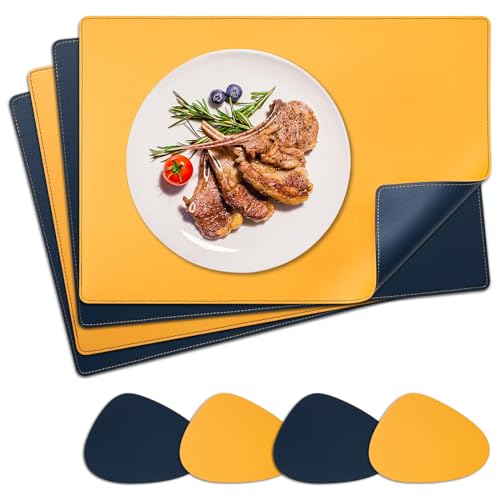 NOSTHEART Tischsets Abwaschbar 4er Set, Platzsets Abwischbar Tischsets Leder Hitzebeständig rutschfest Platzdeckchen mit Untersetzer Tropfenförmig, Doppelseitigen Mit Randnähten, Blau Orange von NOSTHEART