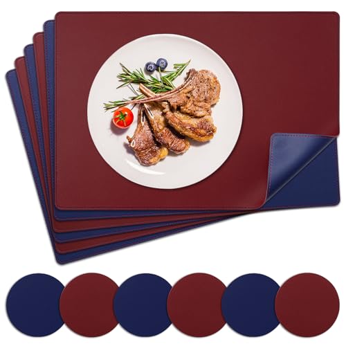 NOSTHEART Tischsets Abwaschbar 6er Set, Platzsets Abwischbar Tischsets Leder Hitzebeständig rutschfest Platzdeckchen mit Untersetzer Rund, Doppelseitigen Mit Randnähten, Königsblau Rot von NOSTHEART