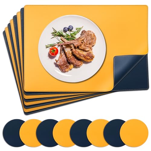 NOSTHEART Tischsets Abwaschbar 8er Set, Platzsets Abwischbar Tischsets Leder Hitzebeständig rutschfest Platzdeckchen mit Untersetzer Rund, Doppelseitigen Mit Randnähten, Blau Gelb von NOSTHEART