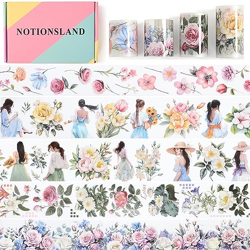 NOTIONSLAND 4 Rolls ästhetisches Washi Tape Set, PET Washi Tape, Multi-Muster dekoratives Washi Tape für Journaling, Bullet Journals, Planer, Kunst für Handwerk von NOTIONSLAND