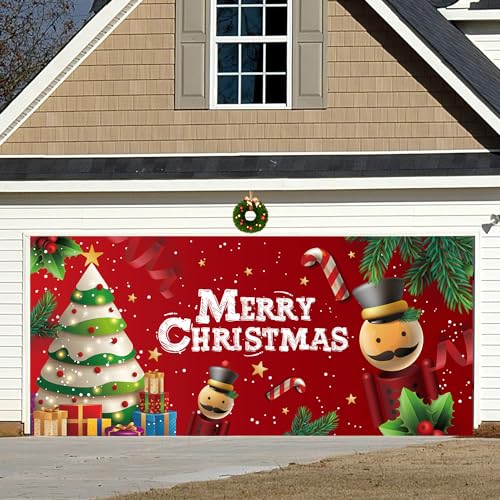 NQEUEPN Nussknacker Stil Garagentor Banner, 400x180cm, Garagentor Deko Weihnachten mit Kupferösen und Seil, Weihnachtsdeko für Garage, Terrasse, Garten, Zaun von NQEUEPN