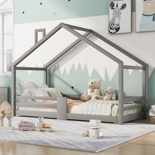 NQSLDM Hausbett Kinderbett 90 x 200 cm mit Lattenrost und Dach, Holzbett Einzelbett mit Rausfallschutz und Schornstein, Bettgestell aus Kiefernholz, für Jungen und Mädchen, Ohne Matratze, Grau von NQSLDM