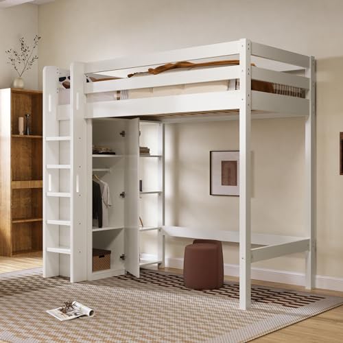 NQSLDM Hochbett Kinderbett 90 x 200 cm mit Kleiderschrank und Ablageregal, Einzelbett Holzbett mit Leiter und Lattenrost, Bettgestell aus Massivholz, für Jungen und Mädchen, Ohne Matratze, Weiß von NQSLDM