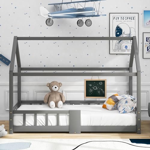 NQSLDM Kinderbett Hausbett 90 x 200 cm mit Rausfallschutz, Montessori Bodenbett mit Zeichenbrett, Bettgestell in Hausform aus Kiefernholz, Bett mit Lattenrosten, Grau von NQSLDM