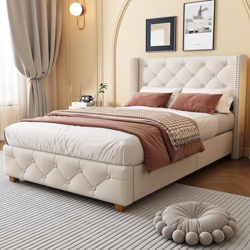 NQSLDM Polsterbett 90 x 200 cm, Bett mit Lattenrost, Einzelbett Jugendbett mit Kopfteil, Bettgestell für Erwachsene&Jugendliche, Hautfreundliche Leinenmaterial, Beige von NQSLDM