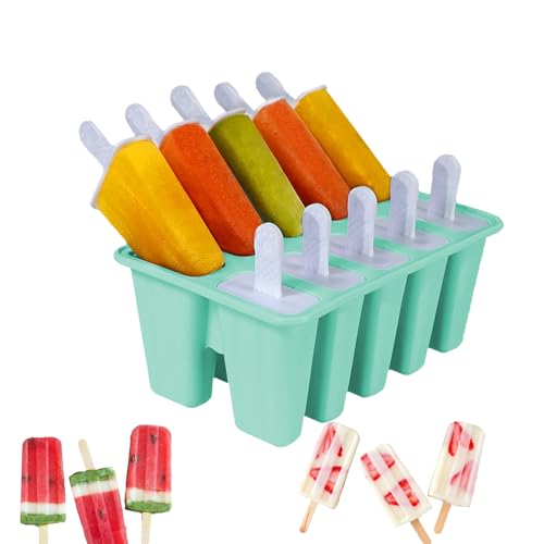 Eisformen Silikon, 10 Kavitäten Silikon Eisformen Eis am Stiel Ice Lolly Mould Kuchen Eis am Stiel Backform Kreative Eisform mit Deckel Hausgemachte Eis am Stiel für DIY Eis (Grün) von NSXIN