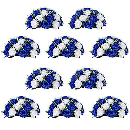 NUPTIO Künstliche Blume Ball Tafelaufsätze: 10 Stück 35cm Durchmesser Königsblau & Weiß Gefälschte Blumen Rosen Bälle Groß für Tafelaufsatz Faux Rose für Hochzeit Party Tischdekorationen von NUPTIO