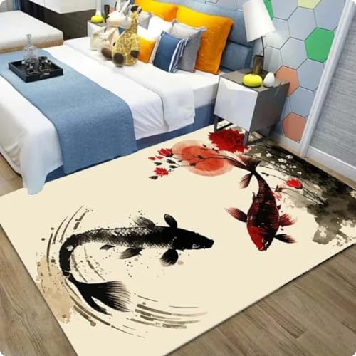 NUTANS Chinesischer Koi-Karpfen, Tintenmalerei, Glücksteppich, Rutschfester Teppich für Wohnzimmer, Schlafzimmer, Heimdekoration, Fußmatte, Bodenmatte 60 * 90cm von NUTANS