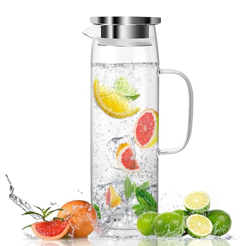 Glaskaraffe mit Deckel 1.5 Liter, Wasserkaraffe aus Borosilikatglas, Wasserkrug Glas Hitzebeständig für kaltes oder heißes Wasser, Glaskanne für DIY Getränke, Saft, Tee, Milch, Glaskrug Karaffe von NVIYAM