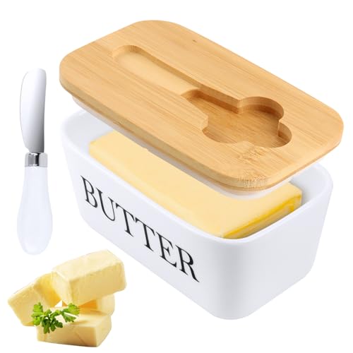 NVIYAM Butterdose mit Holzdeckel, Große Butterdose für 250g Butter, Keramik Butterdose Silikon-Dichtung Butterdose Butterbox für Haushalt und Küche von NVIYAM