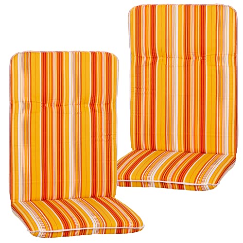 NYVI Hochlehner Auflagen Hawaii 2er Set - 114x47 cm Orange Gelb Weiß Gestreift - Gartenmöbel Auflage mit 5 cm Polster und Gummi-Halteband von NYVI