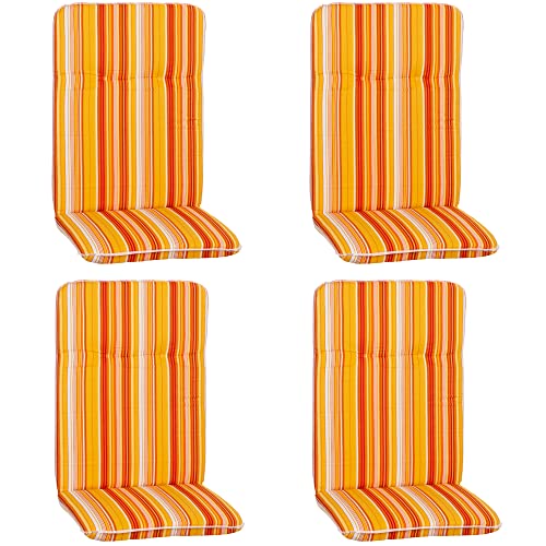 NYVI Hochlehner Auflagen Hawaii 4er Set - 114x47 cm Orange Gelb Weiß Gestreift - Gartenmöbel Auflage mit 5 cm Polster und Gummi-Halteband von NYVI