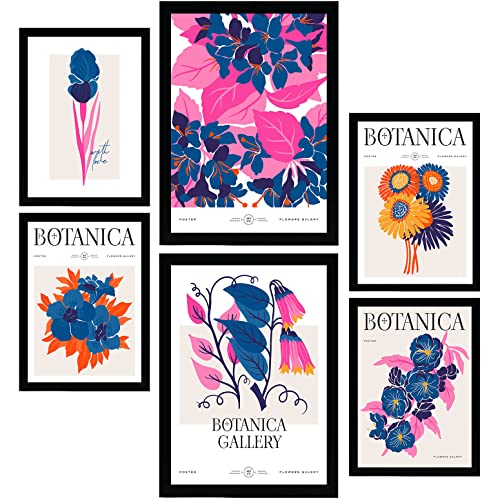 Nacnic Set mit 6 Blumen Postern. Botanische Galerie. Natur- und Botanikdrucke für Innenarchitektur und Dekoration. A3 & A4 Schwarze Rahmen. von Nacnic