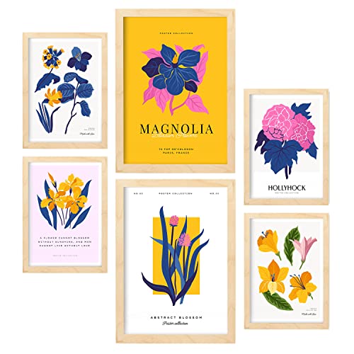 Nacnic Set mit 6 Blumen Postern. Magnolienblätter. Natur- und Botanikdrucke für Innenarchitektur und Dekoration. A3 & A4 Holzfarbe Rahmen. von Nacnic
