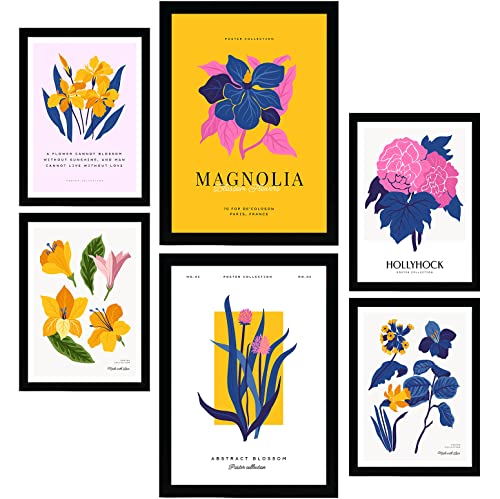 Nacnic Set mit 6 Blumen Postern. Magnolienblätter. Natur- und Botanikdrucke für Innenarchitektur und Dekoration. A3 & A4 Schwarze Rahmen. von Nacnic