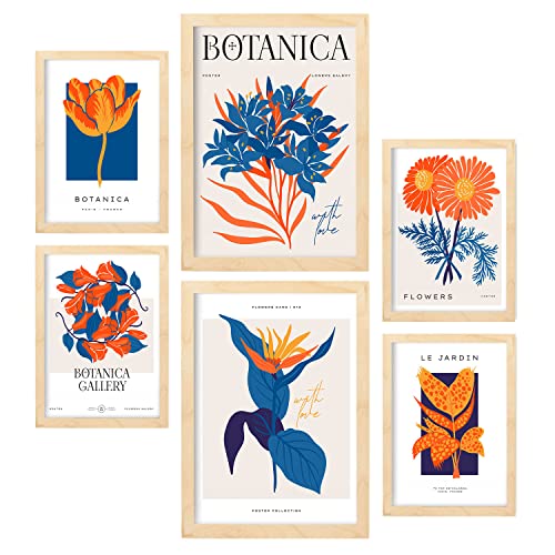 Nacnic Set mit 6 Blumen Postern. Orange Blütenblätter. Natur- und Botanikdrucke für Innenarchitektur und Dekoration. A3 & A4 Holzfarbe Rahmen. von Nacnic