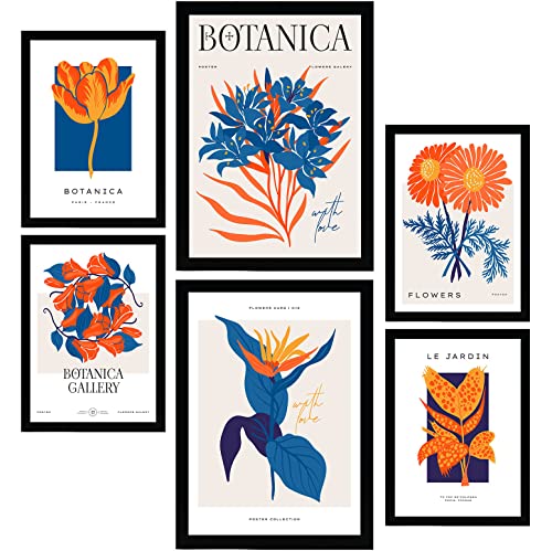 Nacnic Set mit 6 Blumen Postern. Orange Blütenblätter. Natur- und Botanikdrucke für Innenarchitektur und Dekoration. A3 & A4 Schwarze Rahmen. von Nacnic