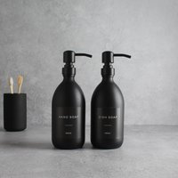 Handseife & Spülmittel Matte Schwarze Glasflasche Zweier Set - Nachfüllbarer Spender Und Pumpe Mit Schwarzem Wasserfestem Etikett von NamieHome