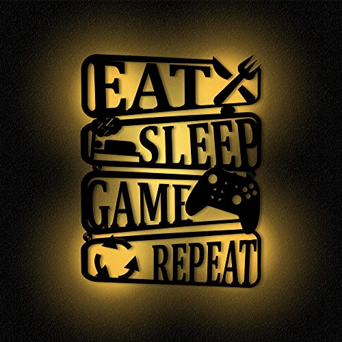 Namofactur Eat Sleep Game Repeat Deko Gamer Zimmer Wand I Wandlampe Geburtstag Gamer I MDF Holz Dekoration Batteriebetrieb von Namofactur