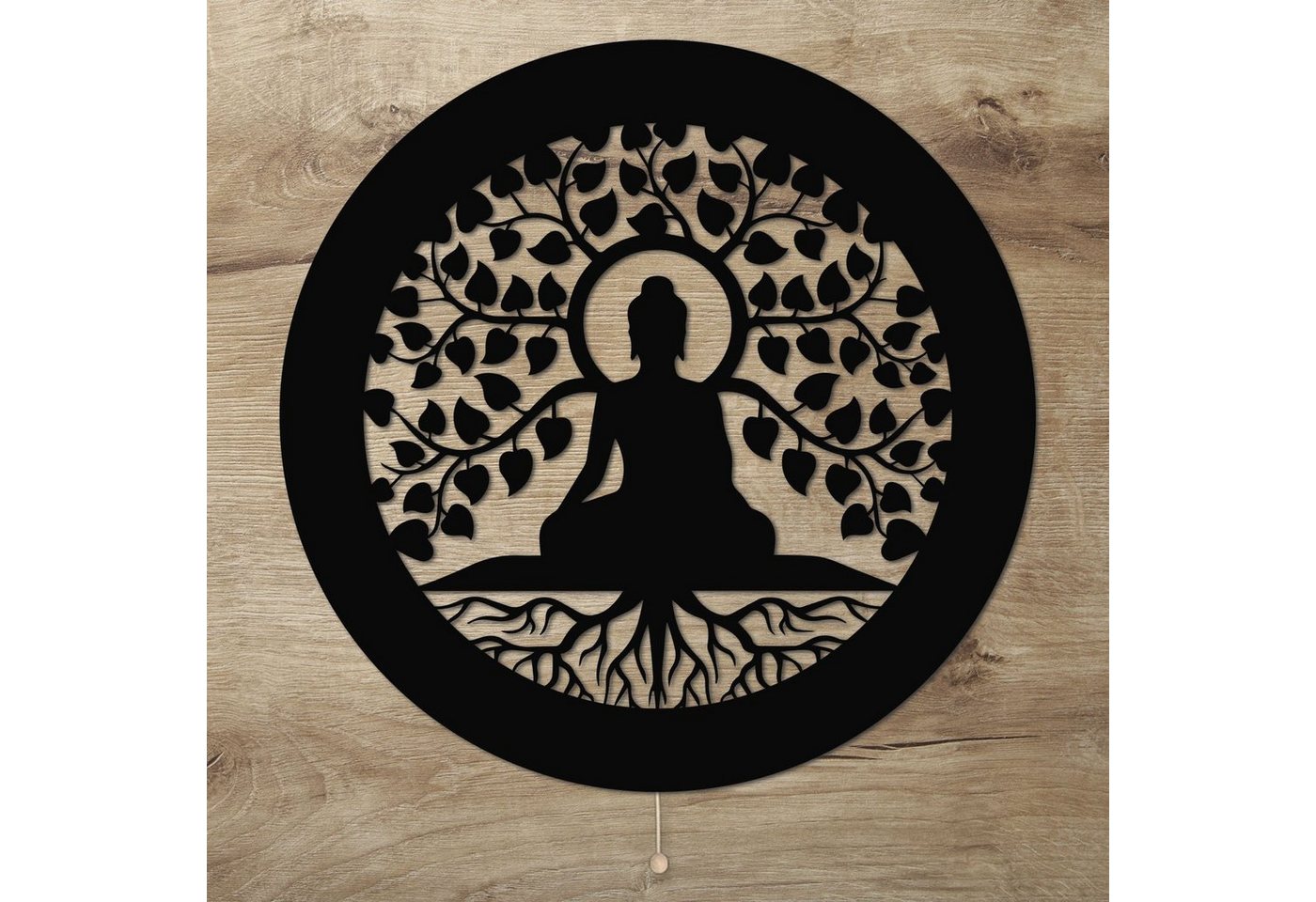 Namofactur LED Dekolicht Yoga, Buddha Baum Wanddeko, Meditation Wandlampe aus Holz, Mit Zugschalter, LED fest integriert, Warmweiß von Namofactur