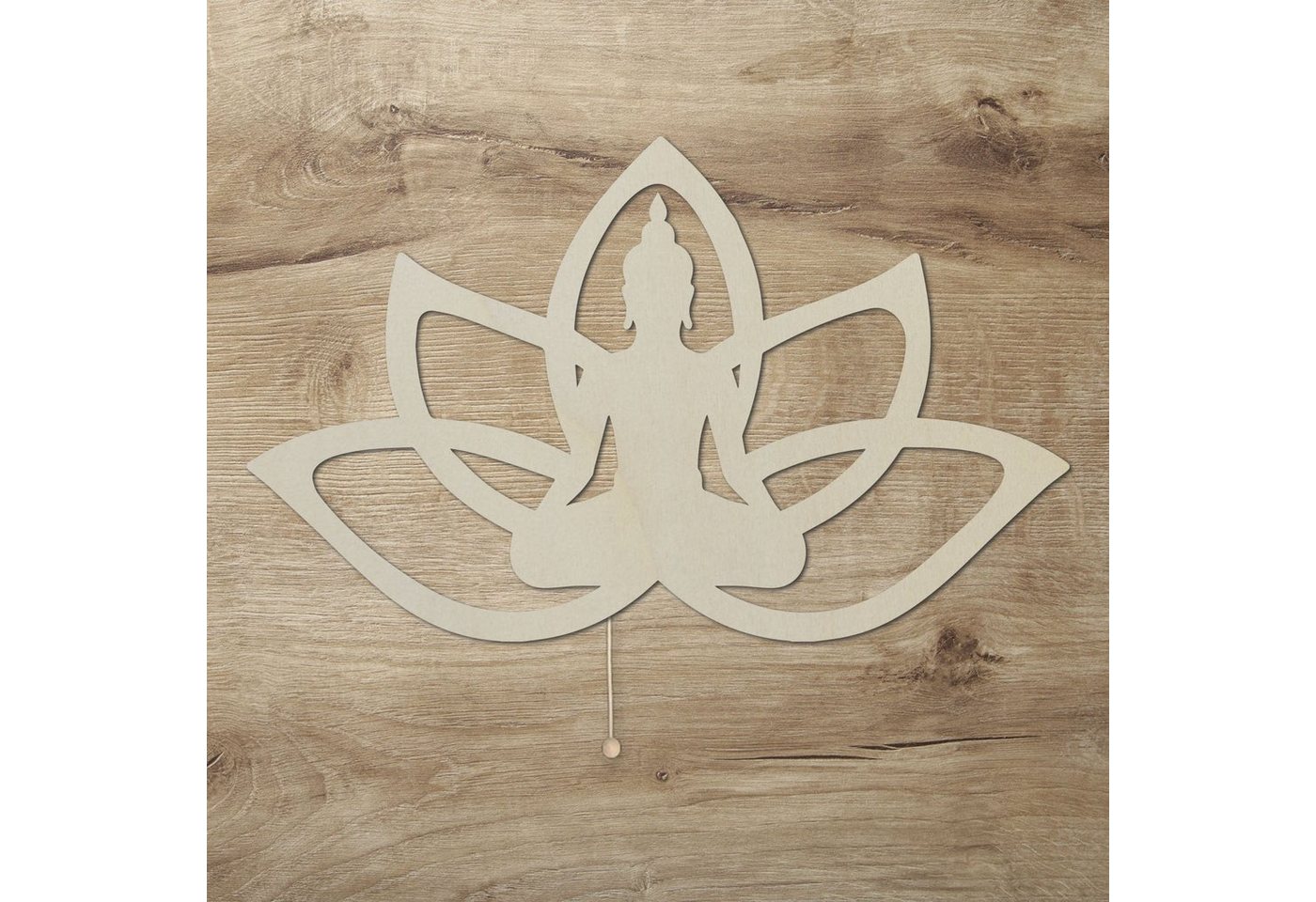 Namofactur LED Dekolicht Yoga, Buddha Lotus Haltung Blume, Meditation Wandlampe aus Holz, Mit Zugschalter, LED fest integriert, Warmweiß von Namofactur