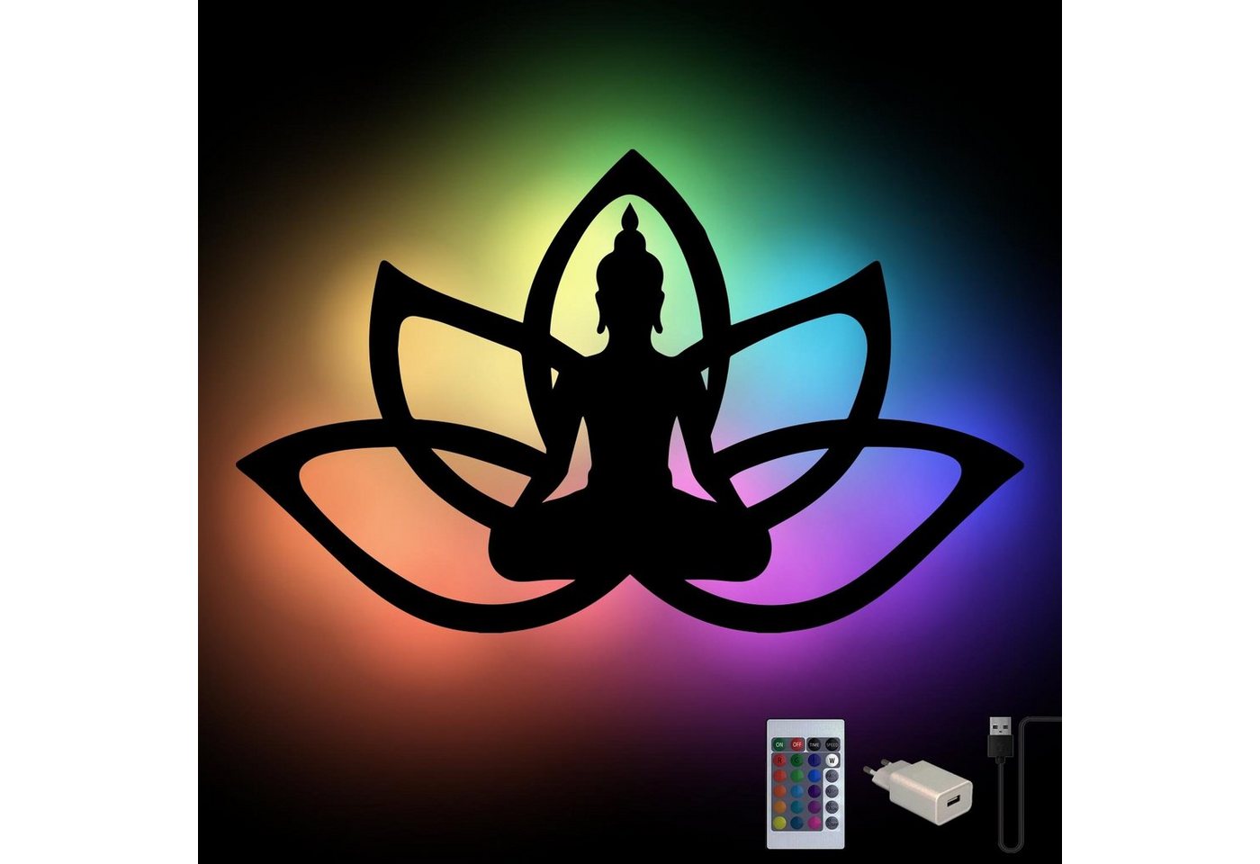 Namofactur LED Wandleuchte RGB Yoga, Buddha Lotus Haltung Blume, Meditation Wandlampe aus Holz, LED fest integriert, Farbwechsler von Namofactur