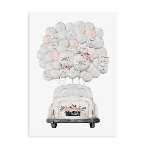 Gästeposter HOCHZEIT PERSONALISIERT mit Namen und Datum als Geschenk zur Hochzeit Gästebuch Hochzeit (LUFTBALLONS Auto, DIN A3) von Nastami