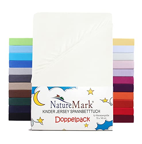 NatureMark 2er Set Kinder Spannbettlaken Jersey, Spannbetttuch 100% Baumwolle, für Babybett und Kinderbett | 70x140 cm - Natur weiß von NatureMark